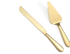 Cake Cutting Set for Wedding, Elegant Cake Knife and Server Set with Thickened Stainless Steel Rounded Edges, Cake Cutter Pie Spatula for Birthday Anniversary Christmas, 2 Pcs, Gold