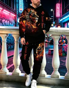 Flame Lion Two-Piece Activewear Set, featuring eye-catching flame print lion pattern design. The complete set is coordinated, made of soft fabric, with a futuristic street style, suitable for casual outings, fitness running, or gatherings.