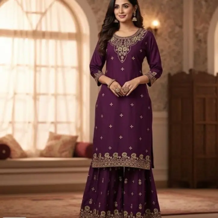 Rashmika Premium Rayon 2pcs Long Kurti with Sharara Pant Set in Foil Print for Festive Look