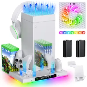 Auto Cooling Fan and Charge Stand Accessories for Xbox Series X Console with 15 Light Modes, Wireless Dual Charger Dock for XSX Controller, 2* Rechargeable Batteries, Headset Stand & Game Disc Storage (White) Smartphone xbox controller Headphones Wearable