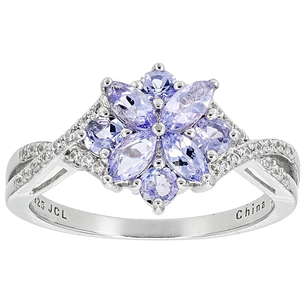 JTV Gemstone Tanzanite Ring, Blue Tanzanite With White Zircon, Rhodium-Over Sterling Silver, 0.95ctw