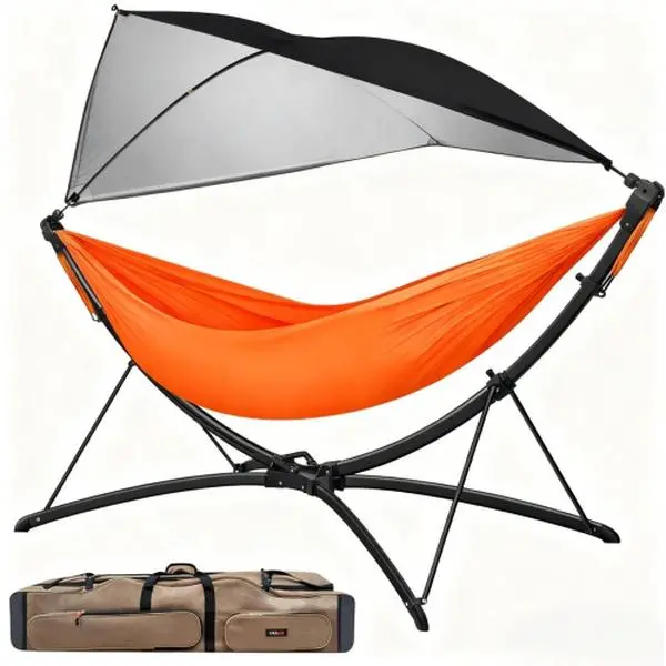 Bellemave 2-Person Folding Portable Hanging Outdoor Hammock with Quick-Folding Hammock Stand, Adjustable Sun Visor, Heavy-Duty Design, Included Storage Bag, Ideal for Camping, Family Gardens, 2-Person Hammock Hammocks