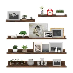 Walnut Modern Wall-Mounted Wooden Picture Ledge Bookshelf, Floating Shelves,5pk floating picture ledge shelf