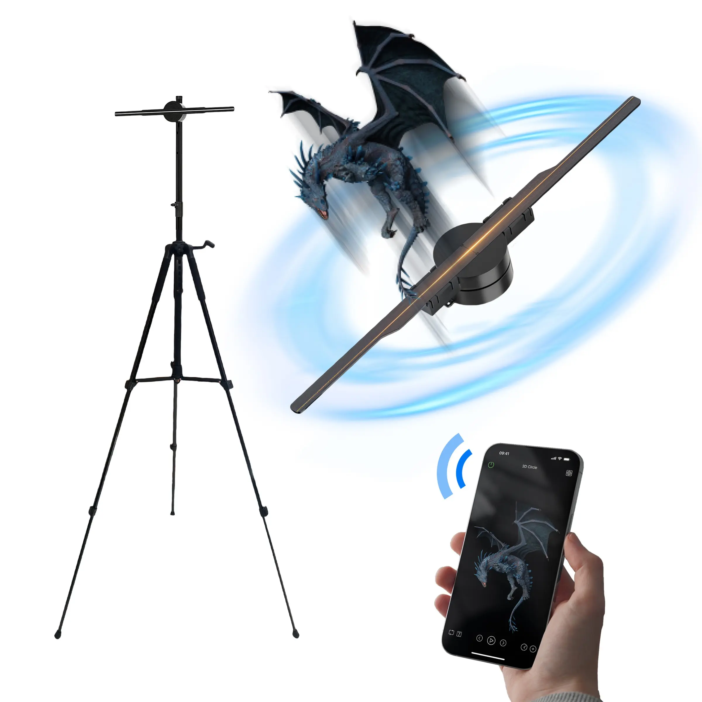 3D Holographic Projector Light, Stand sold separately, 42cm Fan Blade, Plug and Play, APP Controlled,Customizable materials, 244 RGB Leds, Ideal for Festivals, Parties, Ads, Colorful Leds Projector