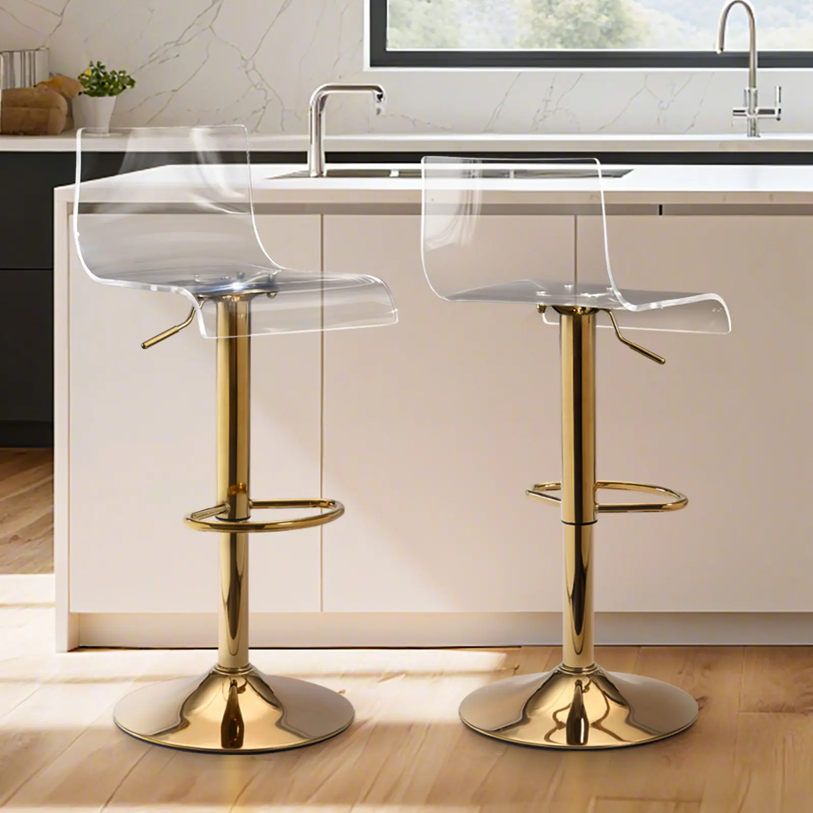 Lessmore Clear Acrylic Bar Stools 360° Swivel Height Adjustable Bar Chairs with Backrest, for Kitchen Island, Bar, Cafe