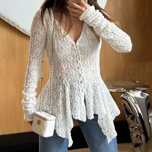ChicMe Women's Lace V Neck Pearl Button Decor Blouse Elegant Asymmetrical Ruffles Cardigan Top
