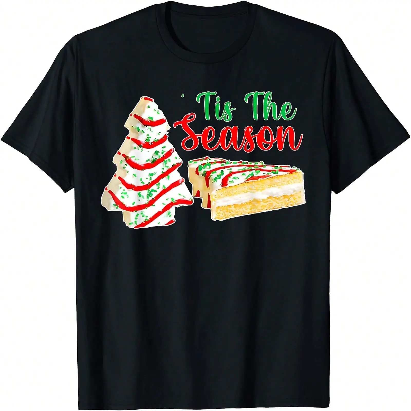 Men's 100% Cotton Unisex Casual Shortsleeve Round Neck Tshirt - Chic Korean Preppy Vintage Festive "Little Tis The Season" Christmas Tree Cakes Graphic Menswear Top, Pajamas