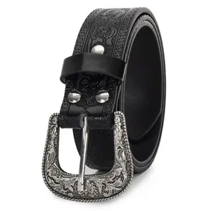 Vintage Western-Cowboy-Belt for Women Men - Carved Buckle PU Leather Black Waist Belts (for Waist 45")