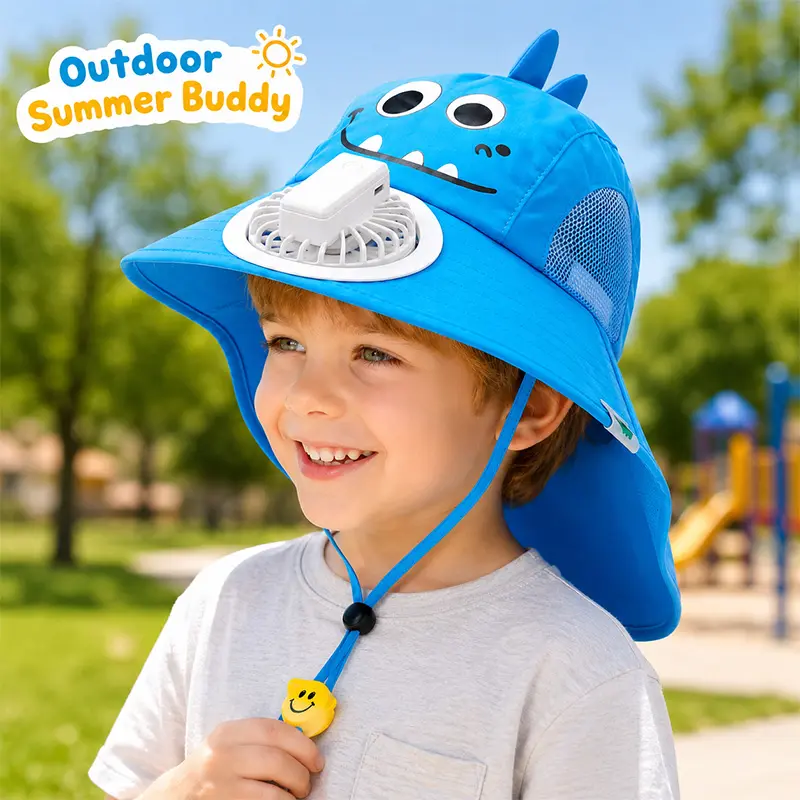 Children's sun hat with fan, cartoon animal anti-UV beachhat, lightweight adjustable wide brim hat, breathable andrechargeable, suitable for summer activities Cool Hats Toddler Hats