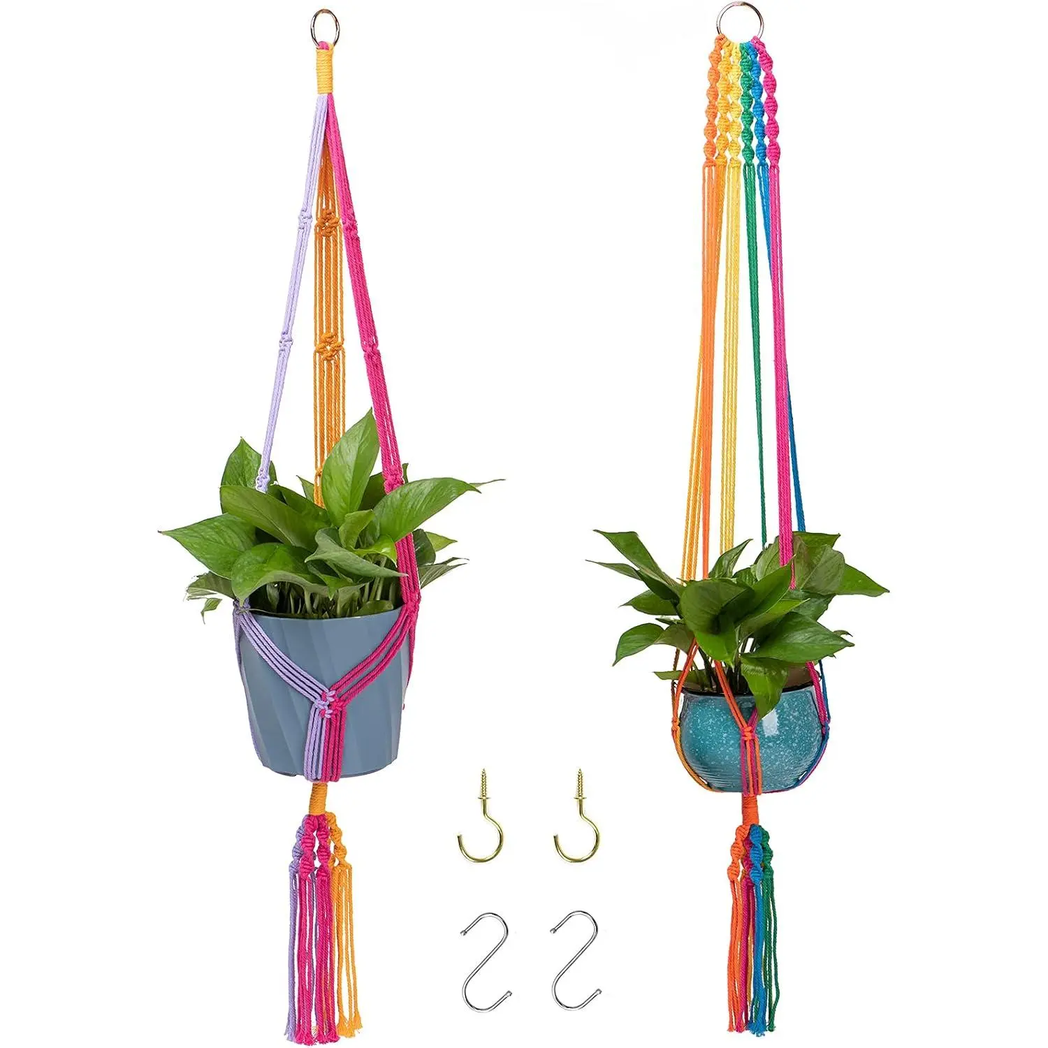 2-Pack Colorful Rainbow Macrame Plant Pot Hangers with 4 Hooks, Handmade Cotton Rope Hangers for Boho Room, Kitchen, Window, Outdoors, Birthday Gifts, Home & Garden Supplies