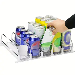 Refrigerator beverage storage box, refrigerator bottle and can organizer, self-pushing soda can dispenser, beverage pusher, white bar-shaped design, upgraded with double-layer divider panels, equipped with positioning clips