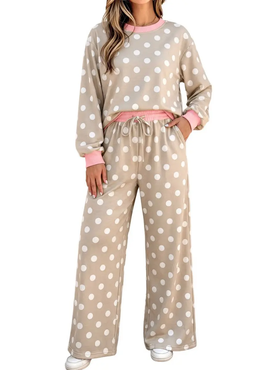 Women's 2-Piece Polka Dot Pants Set - Aesthetic Khaki Comfortable Longsleeves Pullover Top with Contrast Trim, Drawstring Waist Pants, Relaxed Fit Casual Lounge Outfit