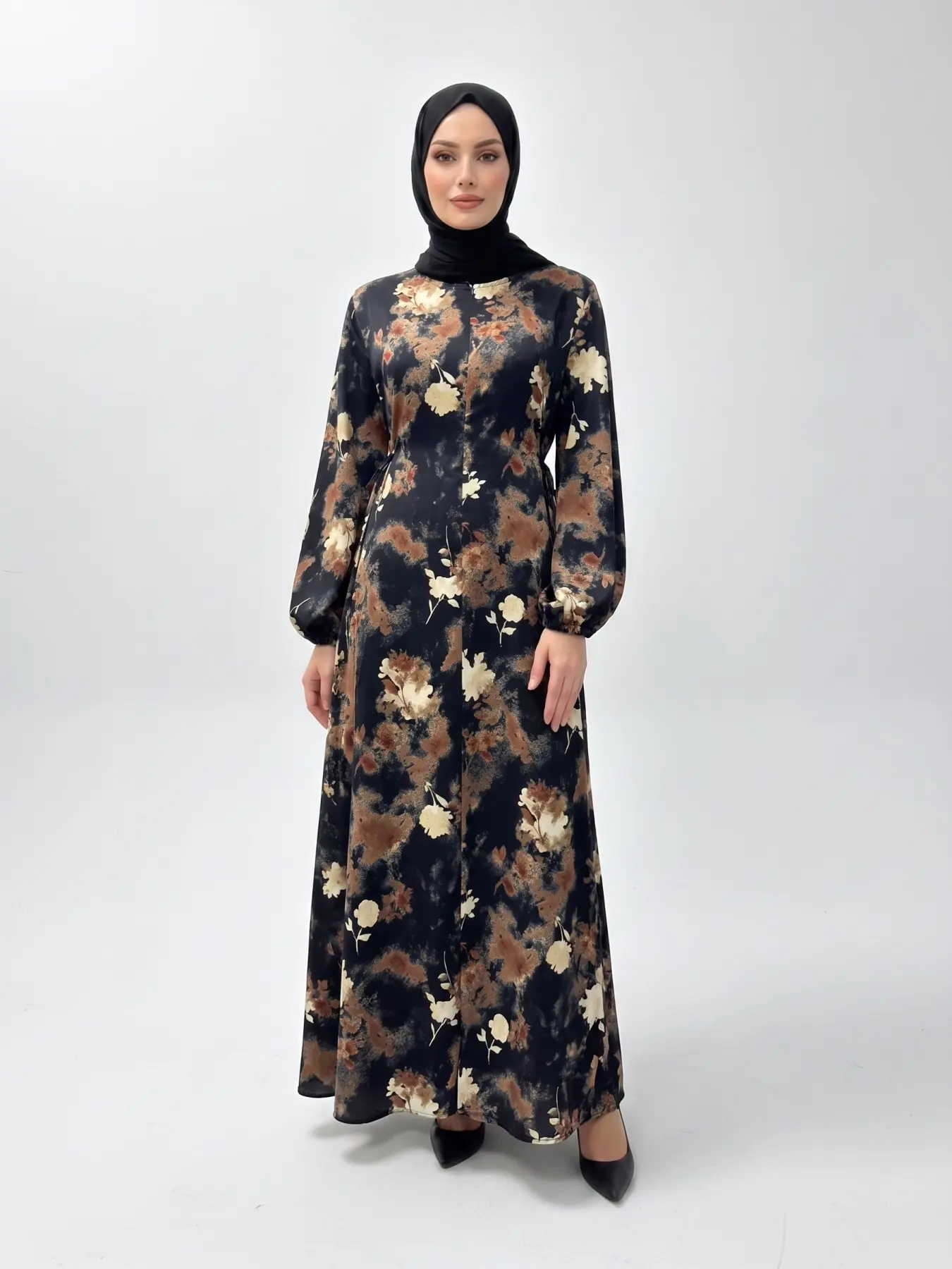 Elegant Long Sleeve Flowy Maxi Dress with Zip Pocket and Tie Waist, Lightweight Printed Design for Spring and Summer