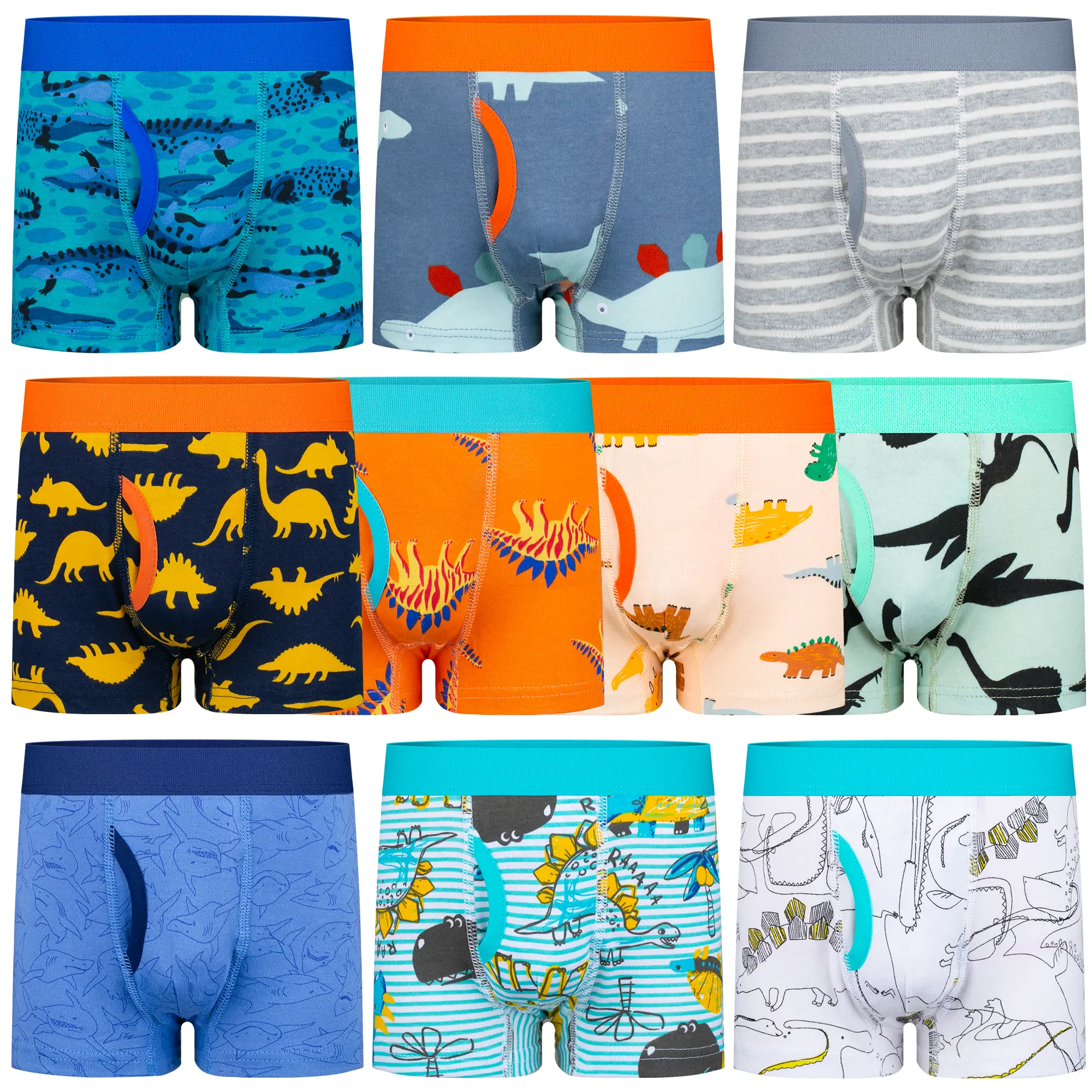 BIG ELEPHANT Boys 10 Pack Boxer Briefs 100% Cotton Soft Breathable Underwear for Toddlers Kids with Solid Colors Sport Dinosaur and Car Prints Sizes 4T-9Y
