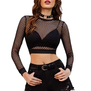 Fishnet Top for Women Fishnet Crop Top Long Sleeve Fishnet Shirt Fishnet Long Sleeve Top SpringStatements With Free Earrings