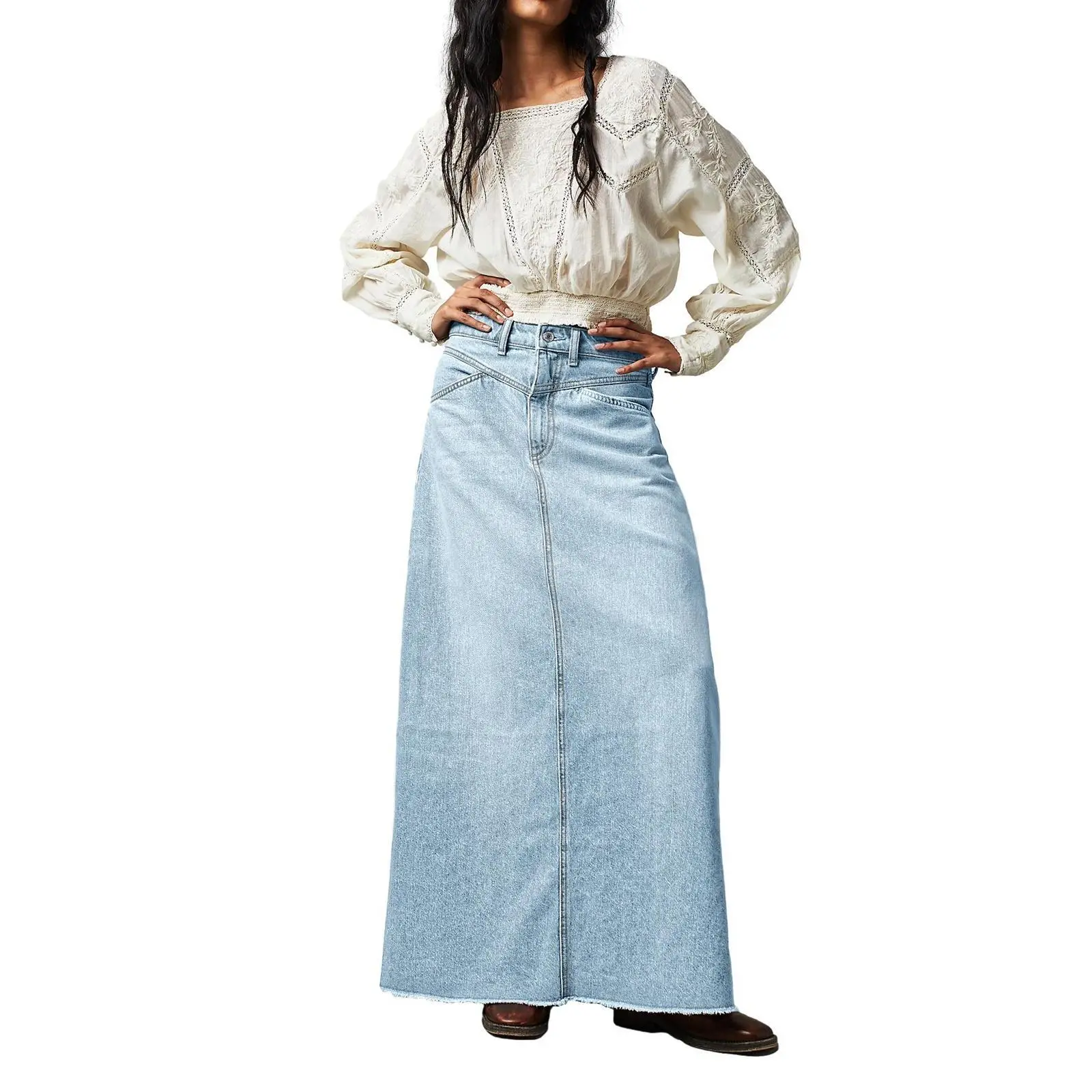 Imily Bela Women's Vintage Denim Maxi Skirt Casual High Waist A-Line Frayed Hem Long Jean Skirt with Pockets