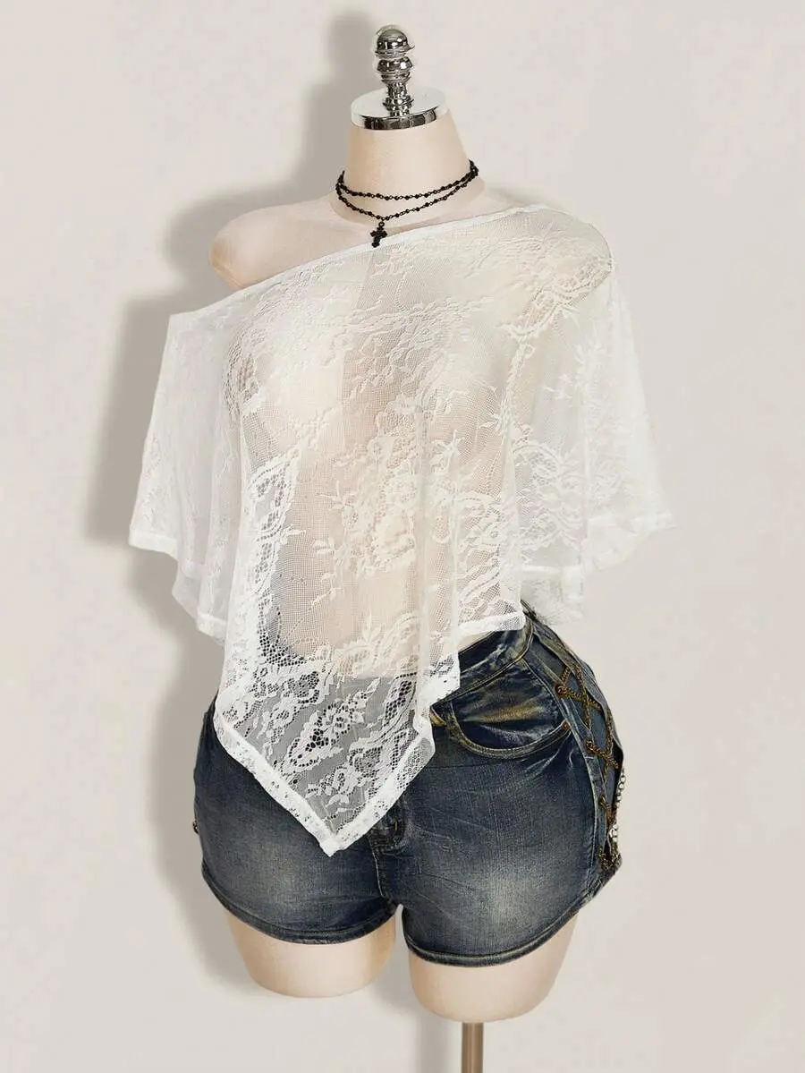 Women's Plus Size Asymmetrical Lace Cover Up Top Batwing Sleeve Long Blouse for Beach Vacation
