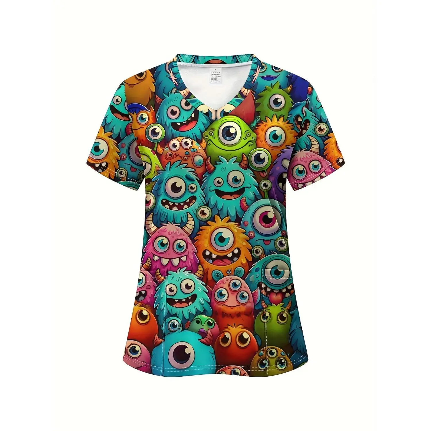 Colorful Cartoon Monster Print V-Neck Nurse Scrub Top - Short Sleeve with Pockets, Machine Washable, Durable Polyester, Fun and Professional Workwear for Healthcare Professionals