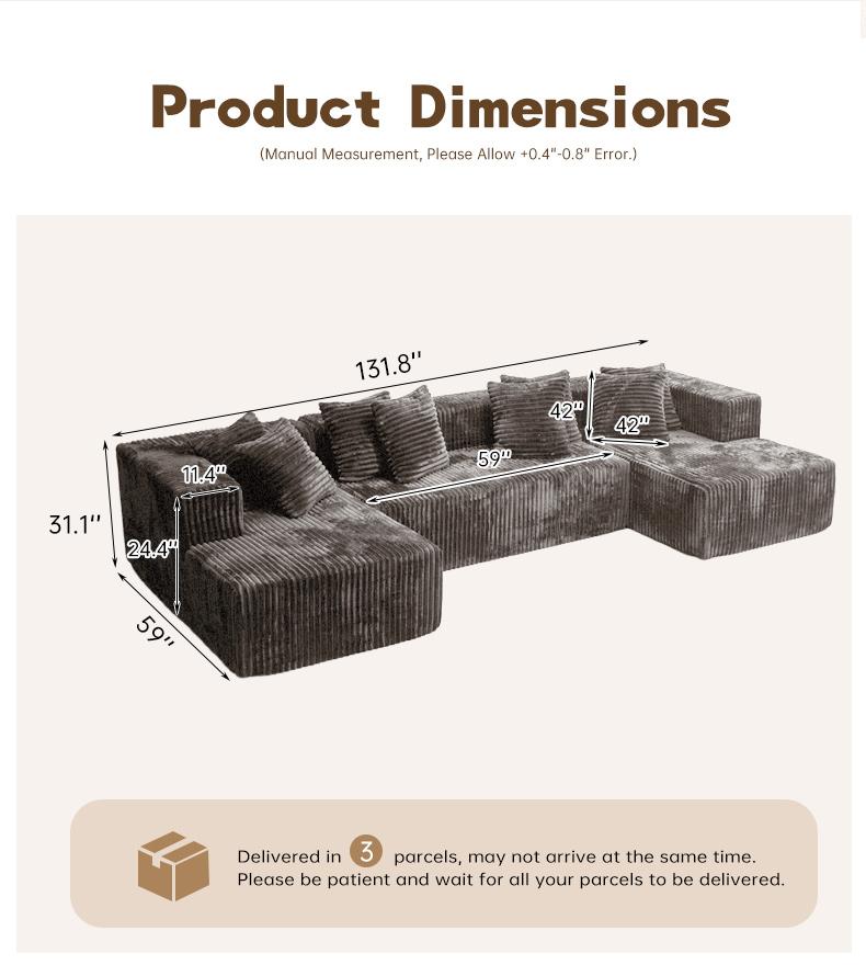 132''U-Shape Modular Sectional Couch Sofa Boneless Compressed Corduroy Modern Sleeper Space-Efficient Convertible Design 3 Packages Shipping
