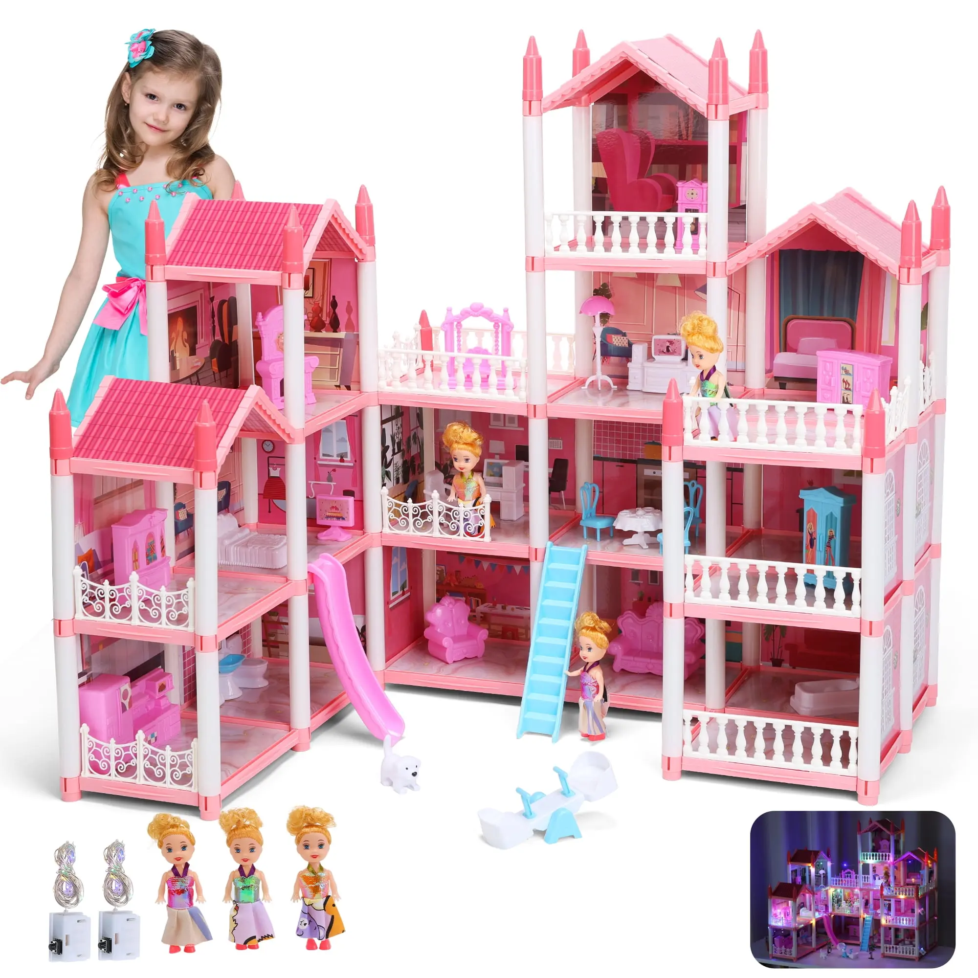 16 Rooms Huge Dollhouse, 10" x 6" x 11" Doll House ,Pink Pretend Play Toy House, Assembly required, Plastic