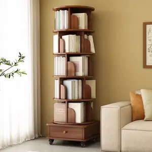 6-Tier Rotating Bookshelf, 360 Display Corner Bookshelf with Door Bookcase Storage Rack with Wheels, Free Assembly, Wood Narrow Organizer for Bedroom, Living Room, Study Room, Walnut Brown