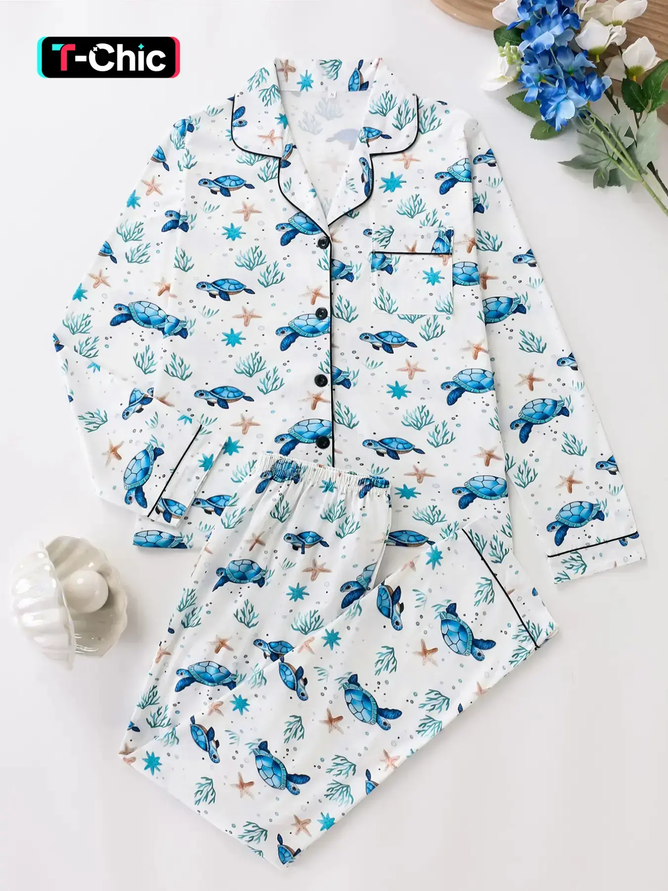 Women's Plaid Sleepwear Set, Pyjama Set, Fitted Long Sleeve Top & Pants, Spring Fall Season, Elegant Style, All-Over Printed Turtle Design, Pajama Set