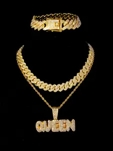 4pcs Punk Glittering Queen's Letter Pendants, Cuban Chain Necklace Bracelets, Dazzling Jewelry Set for Hip-Hop Rappers Performances