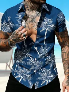 Men's Summer Tropical Palm Tree Print Hawaiian Collared Shirt, Casual Outdoor Shirt, Loose Short Sleeve Design, Casual Streetwear Style, Casual Stylish, Perfect for Beach Vacations