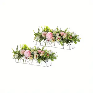 2 Rectangular Acrylic Vases, 16 Long Perforated Vase, Rose Transparent Rectangular Box Tray, Wedding Family Dining Table Decoration Modern Flower Arranger