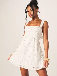 MISSGUIDED White Embroidered Eyelet Square Neck Mini Dress