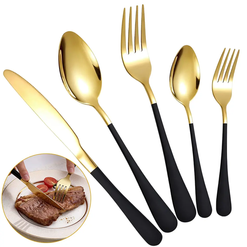 20PCS Black Gold Silverware Set, Stainless Steel Colorful Handle Flatware Set, Service for 4, Modern Cutlery Set Includes Dinner Knives Forks Spoons, Mirror Polished, Dishwasher Safe