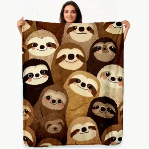 Sloth Woolen Blanket - Soft and Comfortable Four Seasons Sloth Printed Bed Cover with Sloth Face and Brown Rice Tone, Cute Sloth Bedding or Sofa Cover Blanket, Machine Washable Indoor and Outdoor Blankets