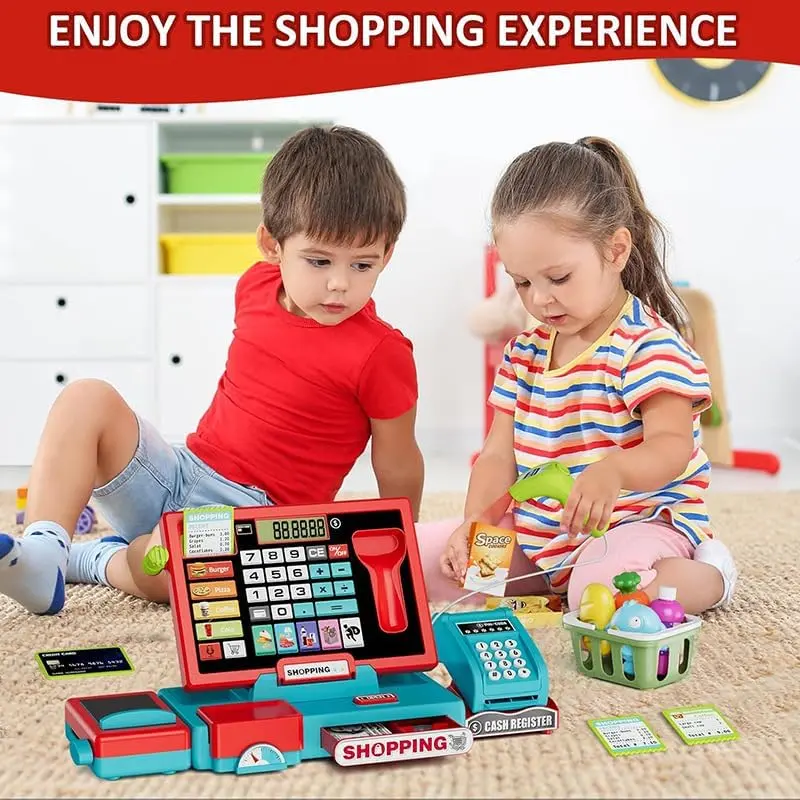 Children's Electronic Cash Register Toy, Lighting and Sound Shopping Cashier Pretend Game Store, with Calculator/Scanner/Credit Card/Game Currency/Weighing Table, for Toddler Boy Girl