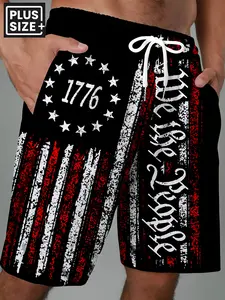 Men's oversized retro 1776 Independence Day print shorts with pockets and drawstring design - patriotic American flag pattern, comfortable polyester blend fabric, suitable for beach, travel, home and casual wear, travel shorts | Independence Declaration t