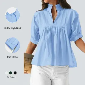 Imily Bela Womens Puff Sleeve V Neck Peplum Blouse Babydoll Pleated Loose Fit Dressy Casual Top