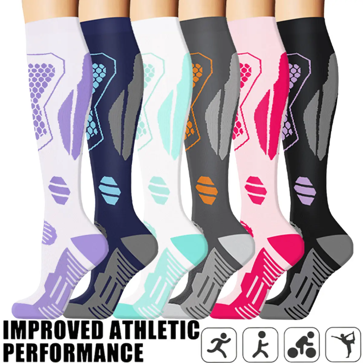6 Pairs Of Compression Socks For Men And Women; For Cycling, Running, Golf; Anti-Fatigue, Long Socks To Prevent Varicose Veins, Pressure Socks.