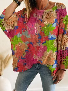 Women's Floral Print Long Sleeve Knit Top, Knitwear, Casual Elegance for Spring Summer, Vacation Beach Style, Loose Fit Batwing Shoulder Design