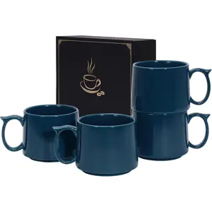 19 oz Large Coffee Mugs Set of 4, Stackable Ceramic Coffee Mugs with Large Handles for Coffee, Latte, Cappuccino, Milk, Dishwasher & Microwave Safe, Ideal for Men, Women, Dads and Moms (Blue)