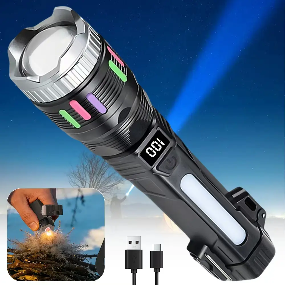Lgnition Function Flashlight 2400-Lumen 2-in-1 Digital Display Flashlight—Rechargeable, Zoomable, Waterproof, and Adjustable Brightness—Ideal for Outdoor Camping and Emergency Situations.tiktokshopsummersale