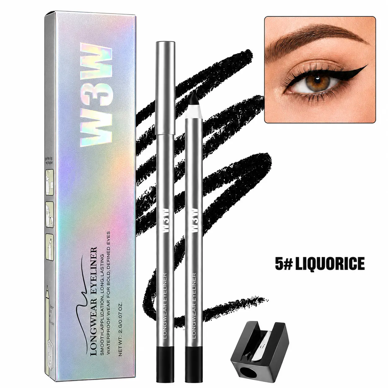 Longwear Eyeliner - Lightweight Waterproof Vegan Technology,Sharpenable eyeliner pencil with built-in sharpener, holographic outer packaging professional beauty tool bold color