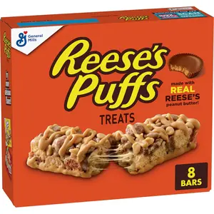 REESE'S Puffs Cereal Treat Bars, Peanut Butter and Cocoa, Snack Bars, 8 Ct, 6.8 oz