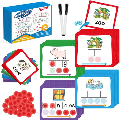 Torlam Elkonin Boxes Phonemic Awareness Phonics Game Set - Unisex Toddler Learning Activities Tool with 15 Flashcards Learning Alphabet, Study & Activity Cards, Homeschooling Manipulatives with Deep-Seated Learning Value