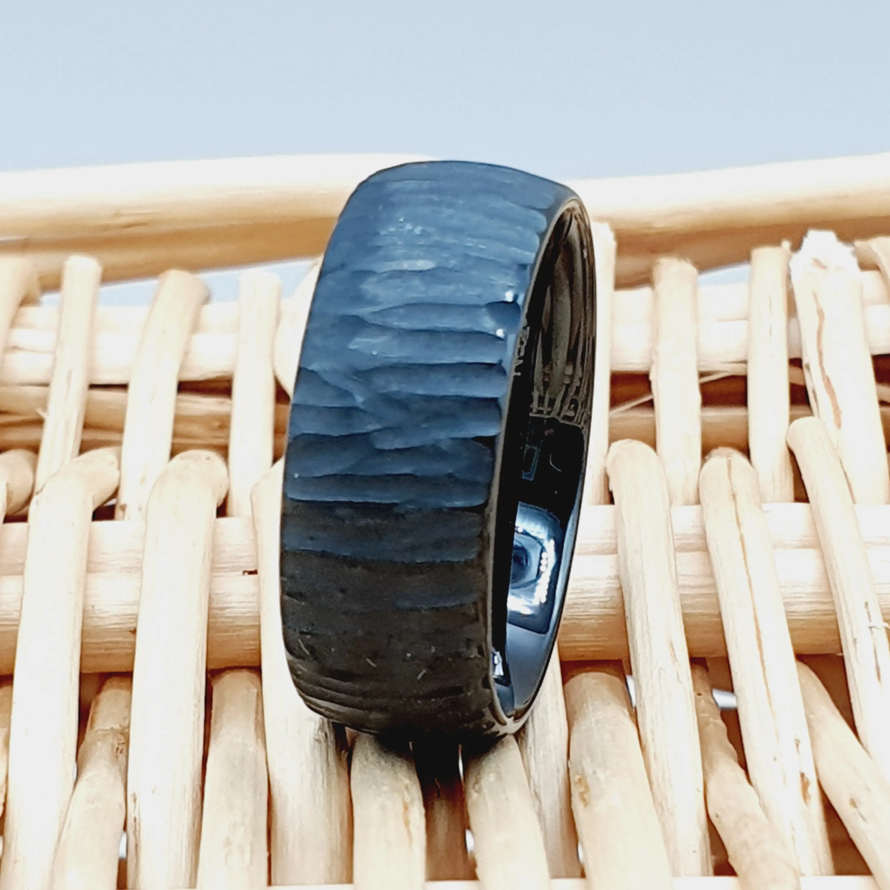Custom  Personalized Tungsten Wedding Band for Men and Women, 8MM Black Semi Domed Ring with Tree Bark Carved Textured Finish