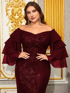 Elegant Plus Size Chiffon Sequin Dress, One Shoulder Cake Sleeve, Fitted Evening Gown for Special Occasions, Fashionable Big Size