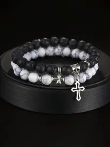 Stone & Cross Charm Decor Beaded Bracelets Set, Fashionable Jewelry for Women & Men, Trendy All-match & Exquisite Jewelry for Birthday Gift, Stackable Bracelets
