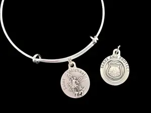 Serve and Protect Saint Michael Archangel Charm on a Silver Expandable Adjustable Bangle Bracelet Patron Saint of Protection Inspirational Jewelry