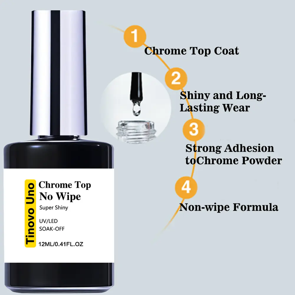 Tinovo Uno Chrome Top Coat, No Wipe, Crystal Nail Glossy Gel Polish, Nail Art, UV/ LED Curing Super Shiny Top Coat, Alcohol-Free Long-Lasting Mirror Gloss, 12ML/0.4oz, Smooth Application