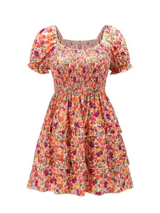 【Plus Size】 Floral Print Frill Trim A Line Dress, Boho Puff Sleeve Shirred Dress for Beach Holiday Vacation, Women's Casual Clothes for Summer