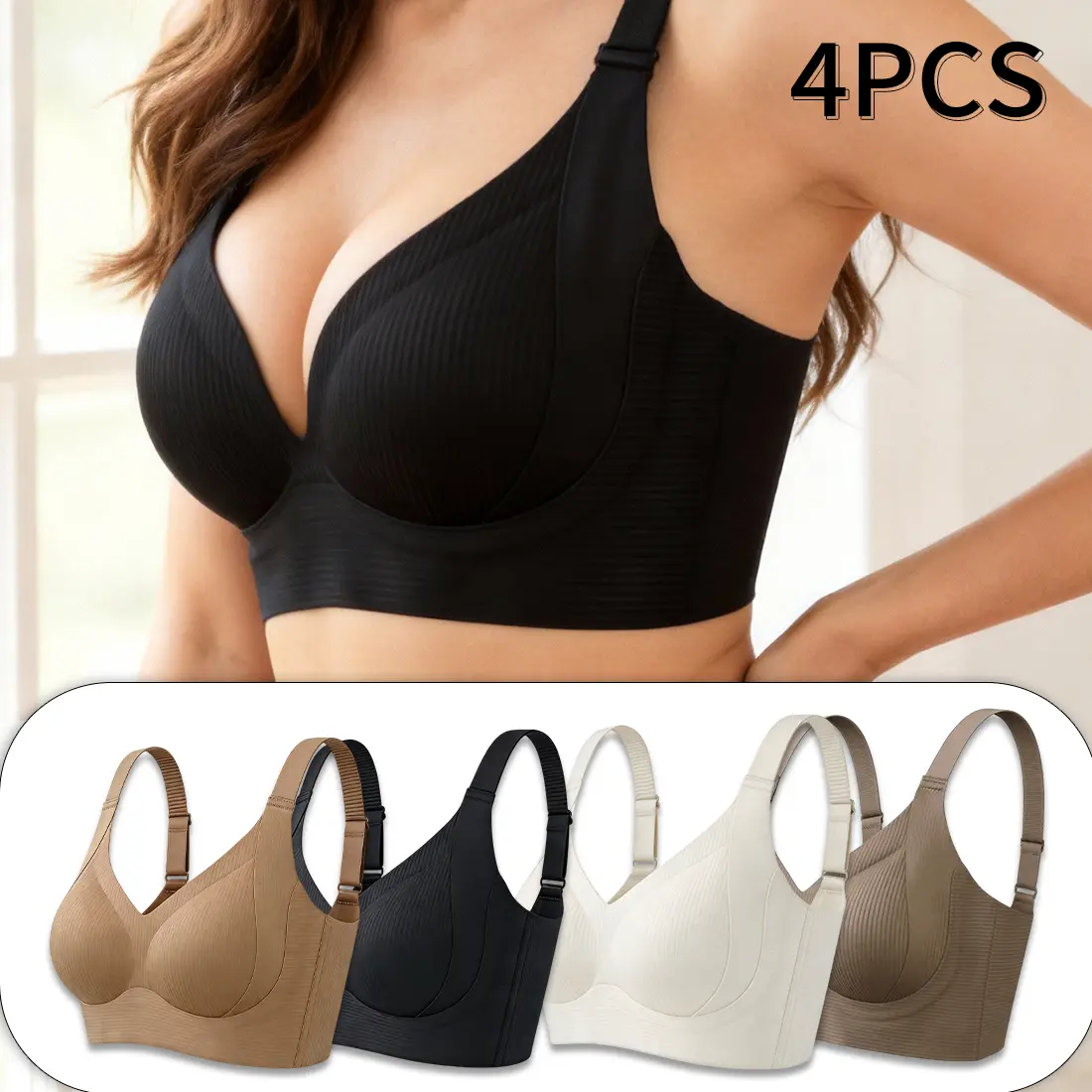Four PCS Women's Solid Four-breasted AdjustableWireless Bra - Soft Comfortable BreathableMinimalist Ribbed Seamless Lingerie, Wire-Free Support with Adjustable Straps for DailyWear & All Seasons