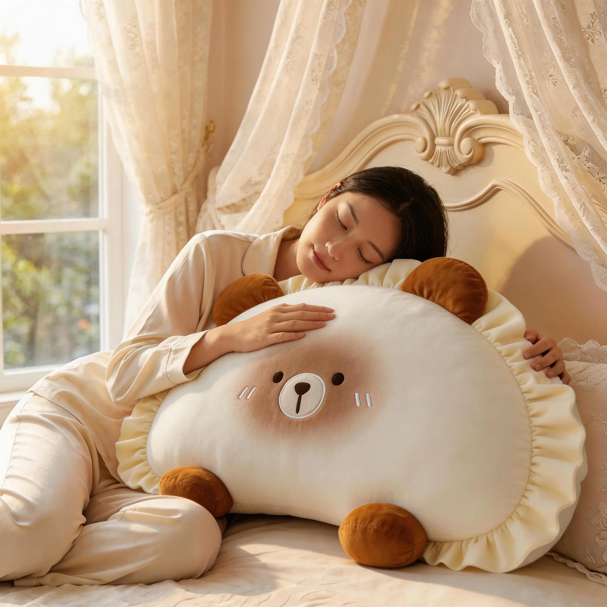 Cute animal ruffle bedside cushion, soft plush hug pillow — comfortable lumbar support for the bedroom, sofa, and relaxation